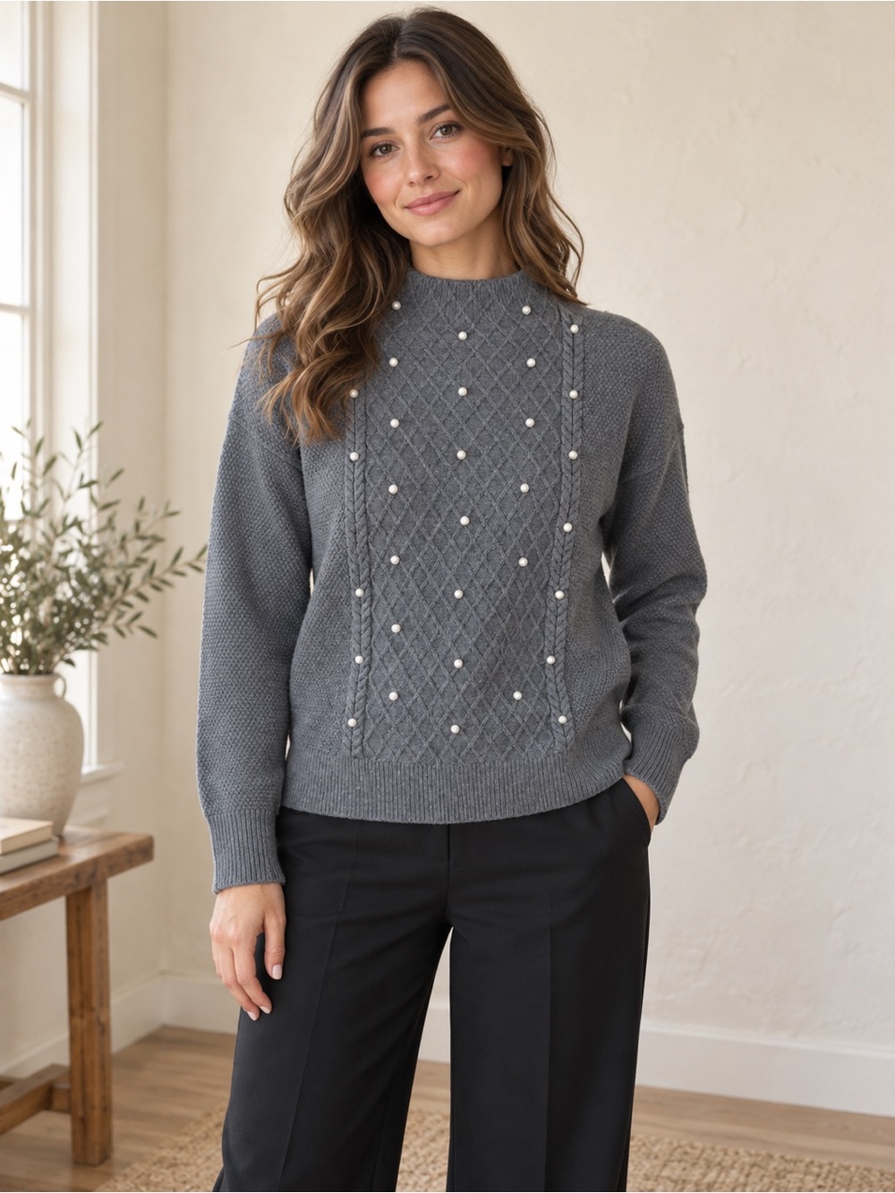 Women’s Charcoal Gray Ann Taylor Pearl Embellished Cable-Knit Mock Neck Sweater